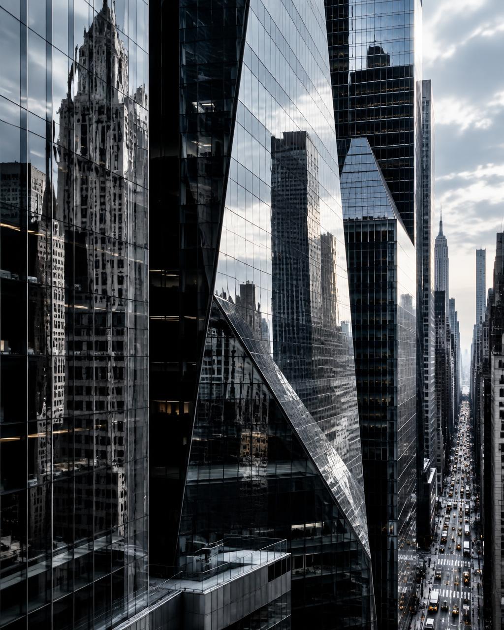 Reflective skyscrapers along a New York avenue