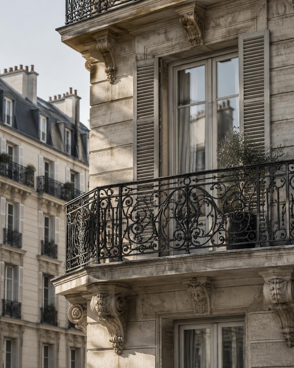 Detailed stone facade and wrought-iron balcony in Paris